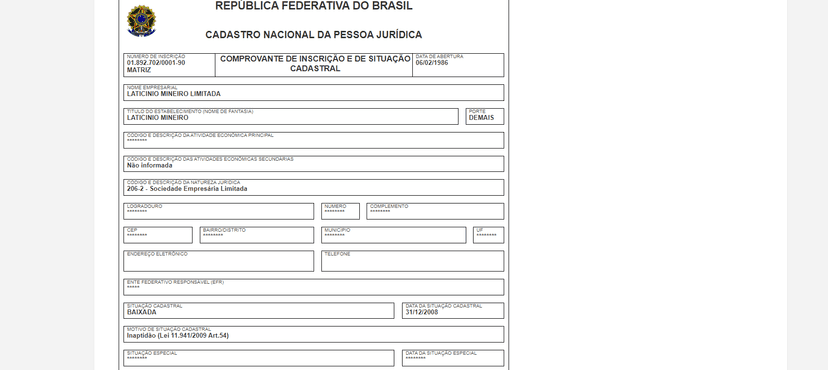 Situação cadastral do CNPJ da Latícinio Mineiro LTDA (Foto Reprodução/Internet) Situação cadastral do CNPJ da Latícinio Mineiro LTDA (Foto Reprodução/Internet)
