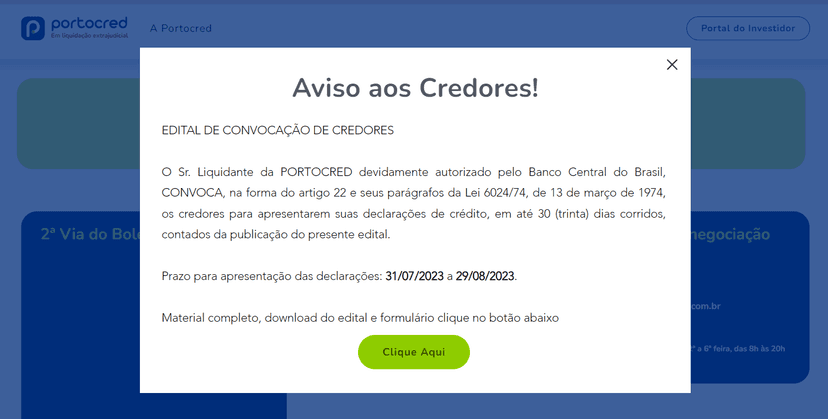 Aviso sobre a falência decretada pelo Banco Central aos credores no portal oficial da Portocred (Foto Reprodução/Portocred) Aviso sobre a falência decretada pelo Banco Central aos credores no portal oficial da Portocred (Foto Reprodução/Portocred)