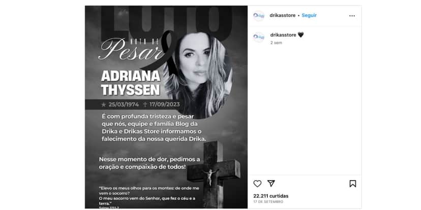 Comunicado sobre morte de Adriana Thyssen (Foto: Reprodução / Instagram) Comunicado sobre morte de Adriana Thyssen (Foto: Reprodução / Instagram)