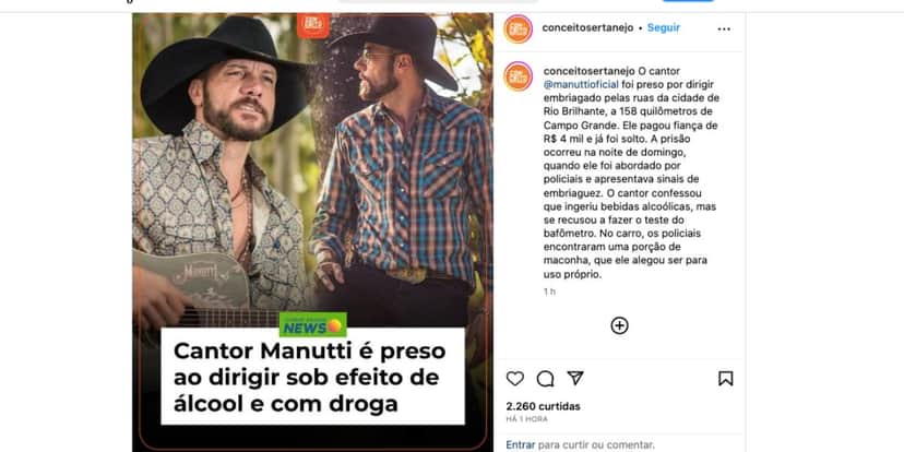 Notícia sobre Manutti (Foto: Reprodução / Instagram) Notícia sobre Manutti (Foto: Reprodução / Instagram)