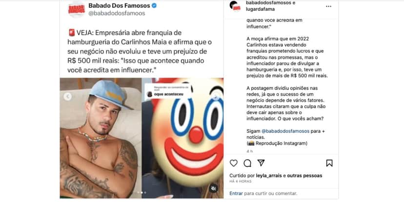 Reclamação de moça contra franquia de famoso (Foto: Reprodução / Instagram) Reclamação de moça contra franquia de famoso (Foto: Reprodução / Instagram)