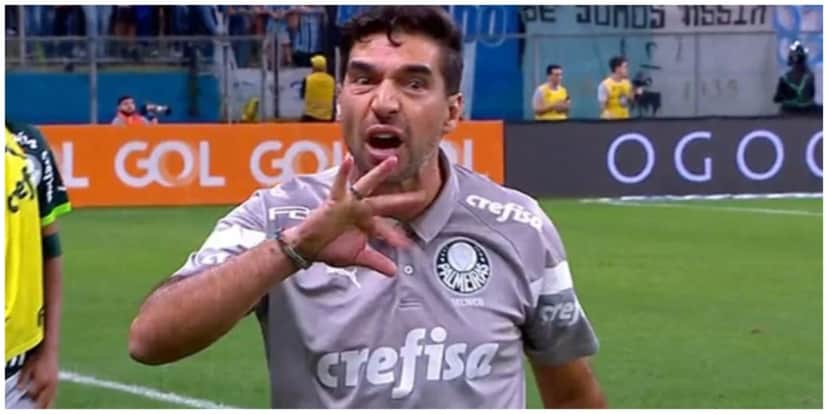 Abel Ferreira revoltado com a arbitragem no jogo contra o Grêmio - (Foto: Reprodução / Internet) Abel Ferreira revoltado com a arbitragem no jogo contra o Grêmio - (Foto: Reprodução / Internet)