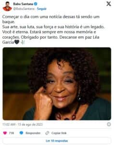 Babu Santana prestou homenagem Léa Garcia (Foto: Reprodução / Instagram) Babu Santana prestou homenagem Léa Garcia (Foto: Reprodução / Instagram)
