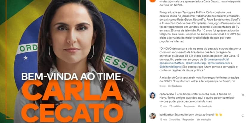 Anúncio do Partido Novo sobre Carla Cecato (Foto: Reprodução/Instagram) Anúncio do Partido Novo sobre Carla Cecato (Foto: Reprodução/Instagram)