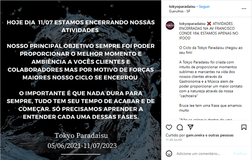 O triste fechamento de restaurante amado no Brasil - Foto: Reprodução/Instagram O triste fechamento de restaurante amado no Brasil - Foto: Reprodução/Instagram
