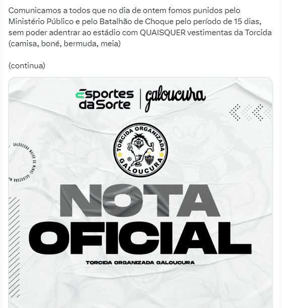 Nota oficial da torcida organizada do Atlético-MG - Foto: Reprodução/Twitter Nota oficial da torcida organizada do Atlético-MG - Foto: Reprodução/Twitter