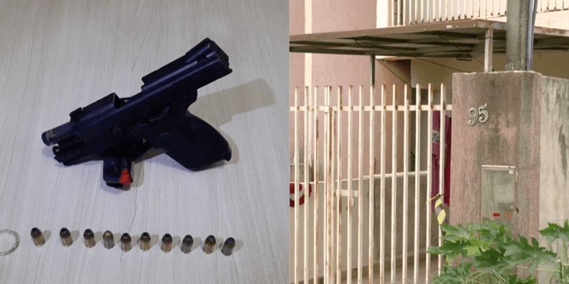Arma de fogo usada no crime e a casa da vítima (Reprodução/Montagem TV Foco) Arma de fogo usada no crime e a casa da vítima (Reprodução/Montagem TV Foco)