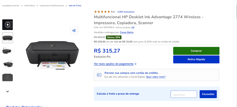 HP, a DeskJet Ink Advantage 2774 (Foto Reprodução/Casas Bahia) HP, a DeskJet Ink Advantage 2774 (Foto Reprodução/Casas Bahia)