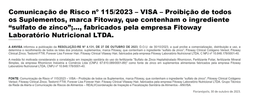 Comunicado da Anvisa (Foto Reprodução/Vigilância Sanitária)