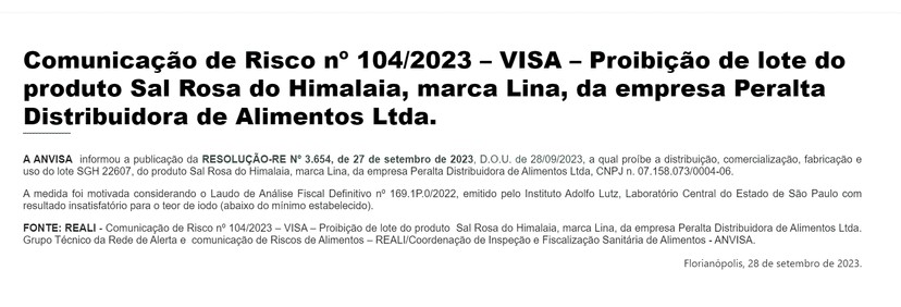 Comunicado emitido pela ANVISA (Foto Reprodução/Vigilância Sanitária) Comunicado emitido pela ANVISA (Foto Reprodução/Vigilância Sanitária)