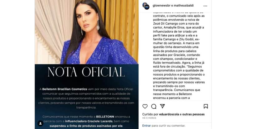 Comunicado de encerramento de parceria (Foto: Reprodução / Instagram)