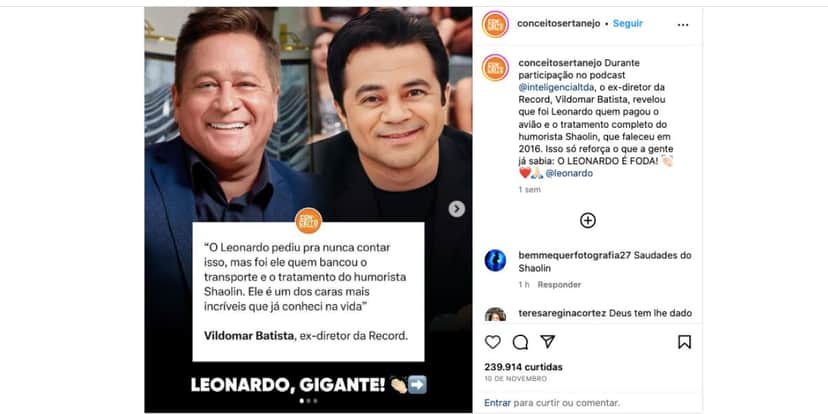 Diretor expõe Leonardo (Foto: Reprodução / Instagram) Diretor expõe Leonardo (Foto: Reprodução / Instagram)
