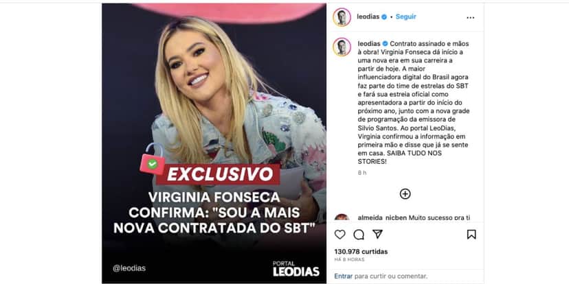 Notícia de Léo Dias sobre Virgínia Fonseca (Foto: Reprodução / Instagram) Notícia de Léo Dias sobre Virgínia Fonseca (Foto: Reprodução / Instagram)