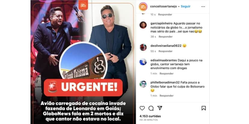 Notícia sobre fazenda de Leonardo (Foto: Reprodução / Instagram) Notícia sobre fazenda de Leonardo (Foto: Reprodução / Instagram)