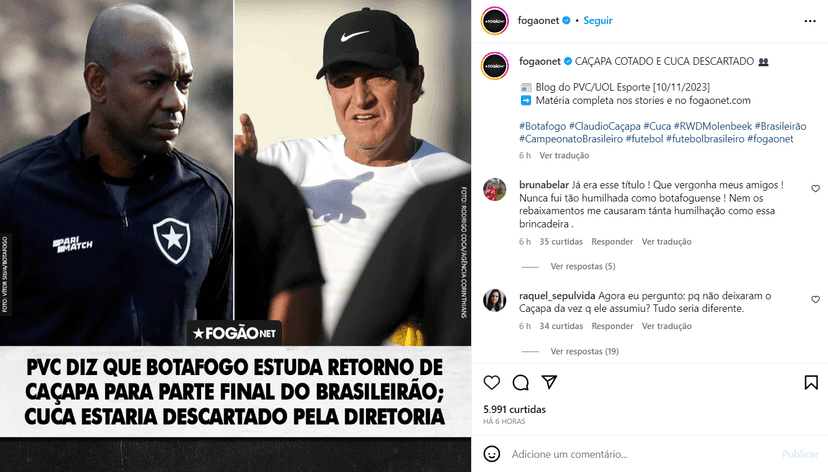 O Botafogo decide sobre a contratação de novo técnico para a reta final do Brasileirão - (Foto: Reprodução / Instagram) O Botafogo decide sobre a contratação de novo técnico para a reta final do Brasileirão - (Foto: Reprodução / Instagram)