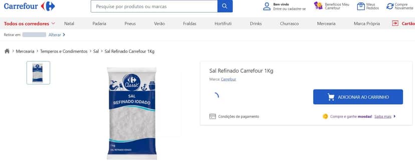 Sal do Carrefour sendo vendido no site oficial do mercado (Foto Reprodução/Carrefour) Sal do Carrefour sendo vendido no site oficial do mercado (Foto Reprodução/Carrefour)