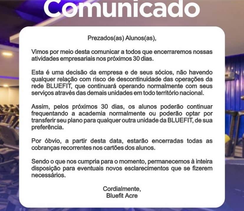 Comunicado da Bluefit (Foto Reprodução/Instagram) Comunicado da Bluefit (Foto Reprodução/Instagram)