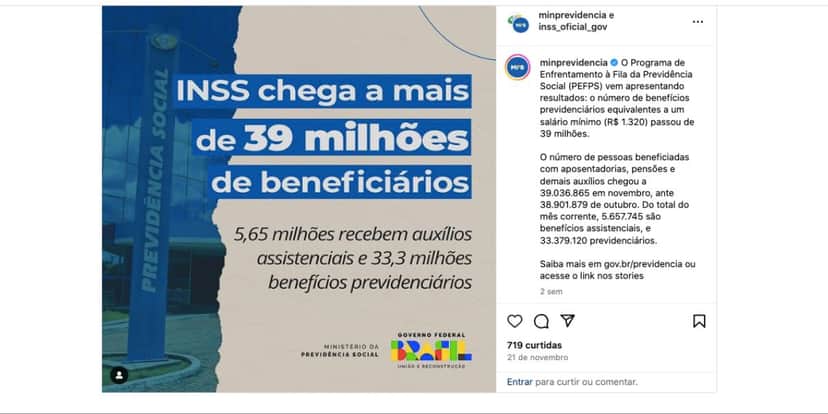 Nota do INSS sobre beneficiários (Foto: Reprodução / Instagram) Nota do INSS sobre beneficiários (Foto: Reprodução / Instagram)