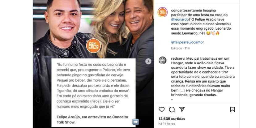 Felipe Araújo expõe Leonardo (Foto: Reprodução / Instagram) Felipe Araújo expõe Leonardo (Foto: Reprodução / Instagram)