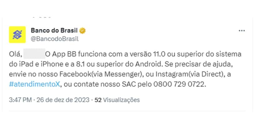 Aviso do Banco do Brasil sobre o funcionamento do aplicativo (Reprodução: X) Aviso do Banco do Brasil sobre o funcionamento do aplicativo (Reprodução: X)