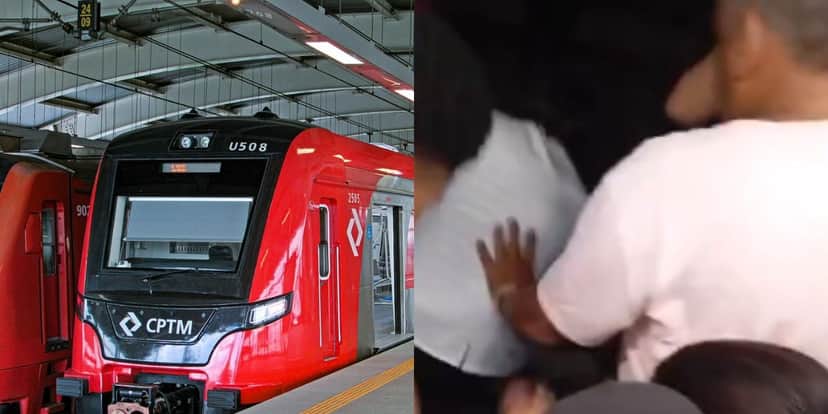 Momento da briga no vagão do trem da CPTM (Reprodução: Montagem TV Foco) Momento da briga no vagão do trem da CPTM (Reprodução: Montagem TV Foco)