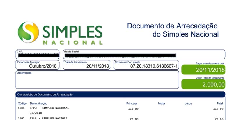 Guia DAS de contribuição (Foto: Reprodução/Simples Nacional) Guia DAS de contribuição (Foto: Reprodução/Simples Nacional)