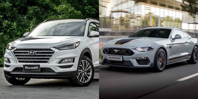Hyundai Tucson e Ford Mustang (Reprodução: Montagem TV Foco) Hyundai Tucson e Ford Mustang (Reprodução: Montagem TV Foco)