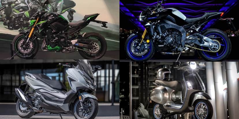 Kawasaki Z900 R e Honda Forza 350 em cima/ Yamaha MT 10 e Vespa Elettrica embaixo (Reprodução: Montagem TV Foco) Kawasaki Z900 R e Honda Forza 350 em cima/ Yamaha MT 10 e Vespa Elettrica embaixo (Reprodução: Montagem TV Foco)