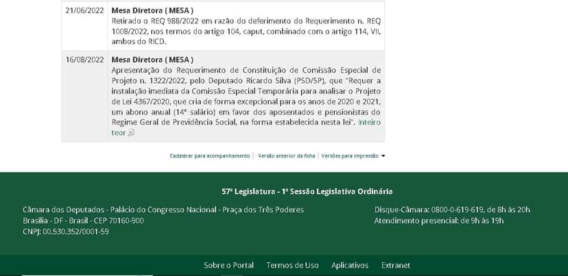Portal da Câmara dos Deputados fez a última atualização no PL do 14° salário do INSS em 2022 (Foto: Reprodução/ Internet)