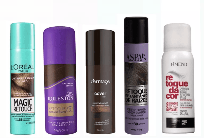 Algumas marcas de Spray de retoque para cabelos brancos no mercado (Foto Reprodução/Internet) Algumas marcas de Spray de retoque para cabelos brancos no mercado (Foto Reprodução/Internet)
