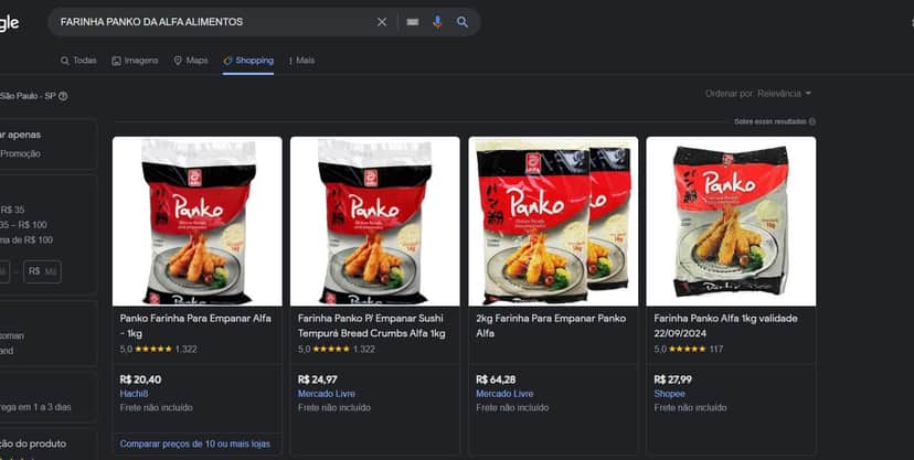 Farinha Panko da Alfa Alimentos segue normalmente no mercado (Foto Reprodução/Google Shopping) Farinha Panko da Alfa Alimentos segue normalmente no mercado (Foto Reprodução/Google Shopping)