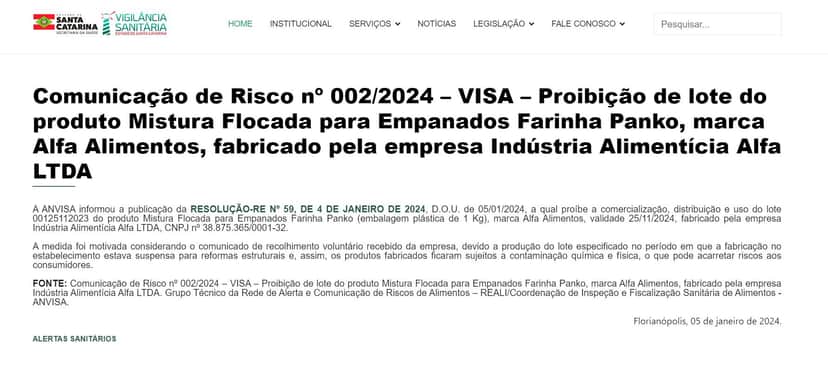 Nota de proibição da ANVISA contra a Alfa Alimentos (Foto Reprodução/Vigilância Sanitária) Nota de proibição da ANVISA contra a Alfa Alimentos (Foto Reprodução/Vigilância Sanitária)