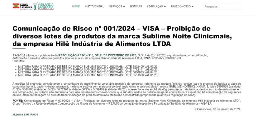 Nota de proibição da ANVISA contra marca de mistura para bebidas da ClinicMais (Foto Reprodução/Vigilância Sanitária) Nota de proibição da ANVISA contra marca de mistura para bebidas da ClinicMais (Foto Reprodução/Vigilância Sanitária)