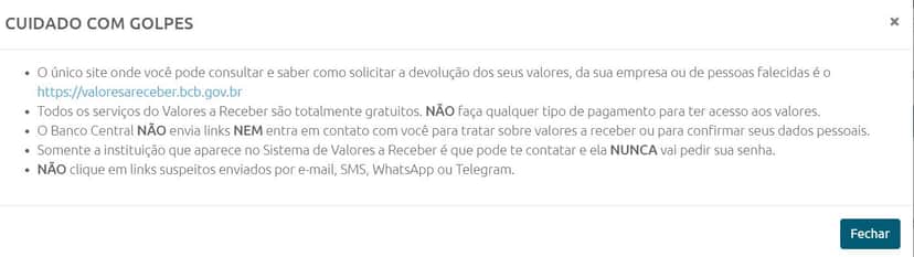 Alerta deixado no site OFICIAL do Banco Central (Foto Reprodução/BC) Alerta deixado no site OFICIAL do Banco Central (Foto Reprodução/BC)