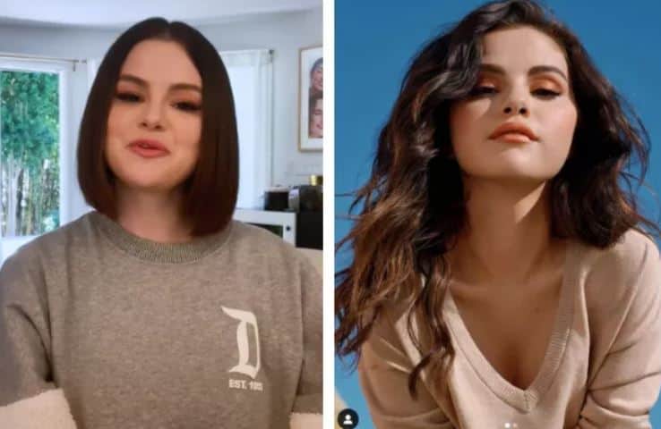 Selena Gomez com o visual do Blunt Bob, antes e depois do corte (Foto: Reprodução/TikTok; Reprodução/Instagram) Selena Gomez com o visual do Blunt Bob, antes e depois do corte (Foto: Reprodução/TikTok; Reprodução/Instagram)