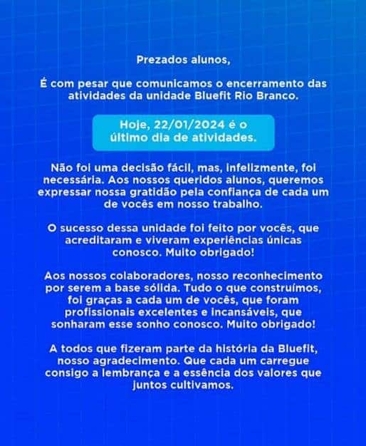 Comunicado do franqueado da Bluefit (Foto Reprodução/G1) Comunicado do franqueado da Bluefit (Foto Reprodução/G1)