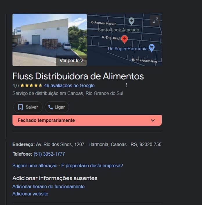Fluss Distribuidora de Alimentos ainda consta como temporariamente fechada (Foto Reprodução/Google) Fluss Distribuidora de Alimentos ainda consta como temporariamente fechada (Foto Reprodução/Google)