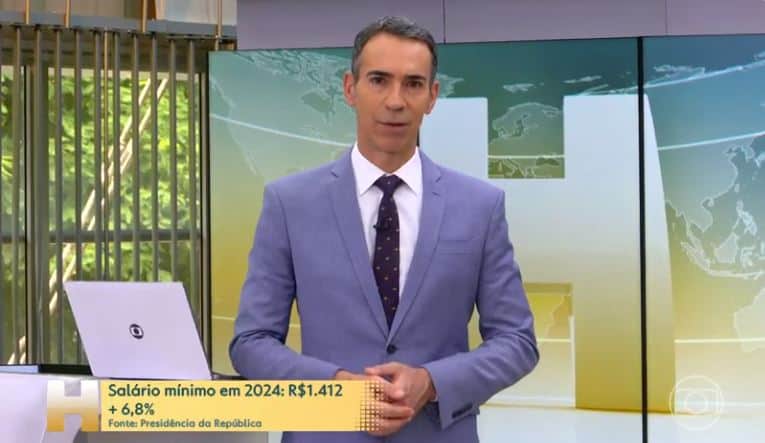 César Tralli informou sobre o aumento do salário mínimo válido a partir do dia 1 de janeiro de 2024 (Foto Reprodução/G1) César Tralli informou sobre o aumento do salário mínimo válido a partir do dia 1 de janeiro de 2024 (Foto Reprodução/G1)