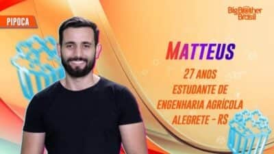 Matteus é participante do BBB 24 no grupo Pipoca (Foto: Reprodução / Globo) Matteus é participante do BBB 24 no grupo Pipoca (Foto: Reprodução / Globo)