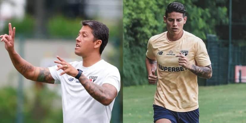 Técnico Thiago Carpini e o jogador James Rodriguez - (Foto: Reprodução / Internet) Técnico Thiago Carpini e o jogador James Rodriguez - (Foto: Reprodução / Internet)