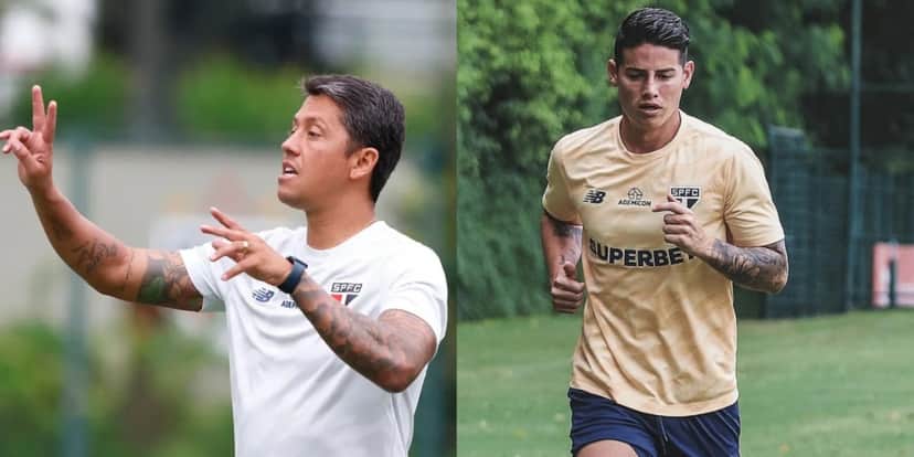Técnico Thiago Carpini e o jogador James Rodriguez - (Foto: Reprodução / Internet) Técnico Thiago Carpini e o jogador James Rodriguez - (Foto: Reprodução / Internet)