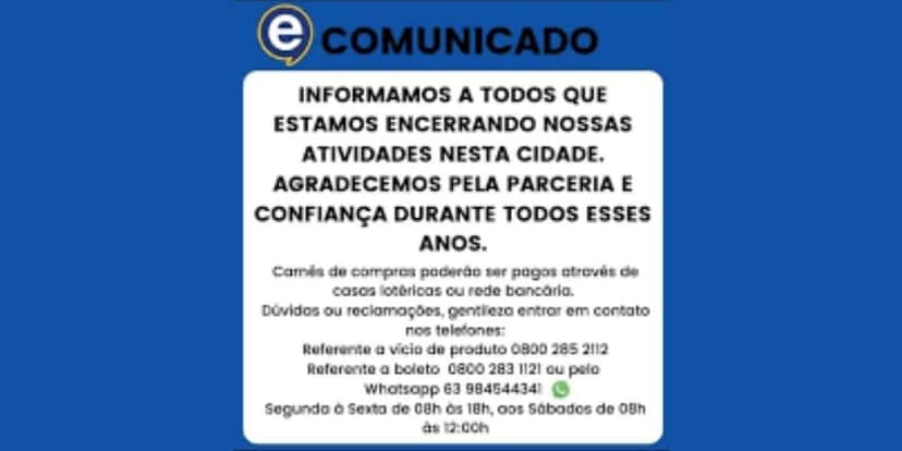 Comunicado que a Eletrosom emitiu a clientes e funcionários (Foto Reprodução/Facebook) Comunicado que a Eletrosom emitiu a clientes e funcionários (Foto Reprodução/Facebook)