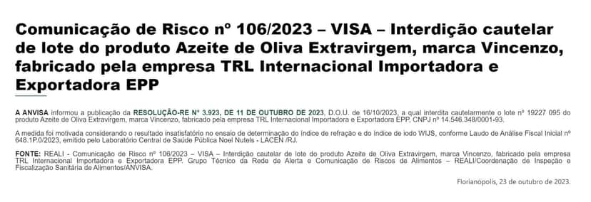 Comunicado emitido pela ANVISA (Foto Reprodução/Vigilância Sanitária) Comunicado emitido pela ANVISA (Foto Reprodução/Vigilância Sanitária)