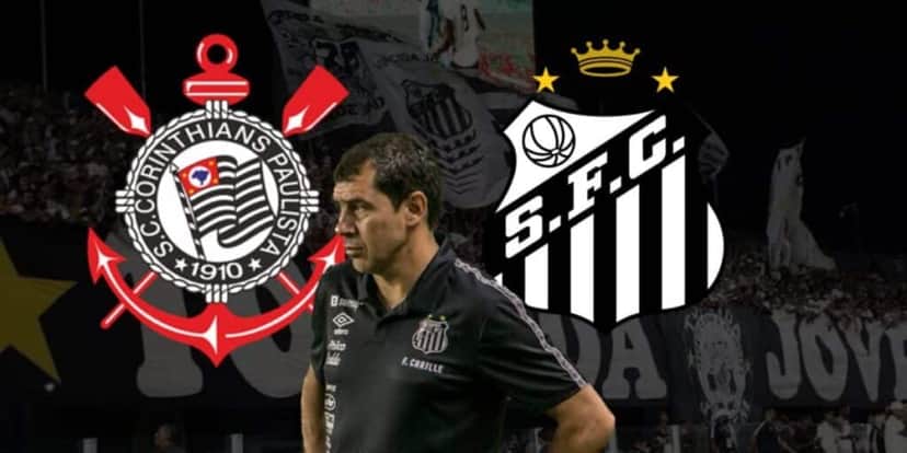 Carille e escudos de Corinthians e Santos (Foto - Montagem TV Foco). Carille e escudos de Corinthians e Santos (Foto - Montagem TV Foco).