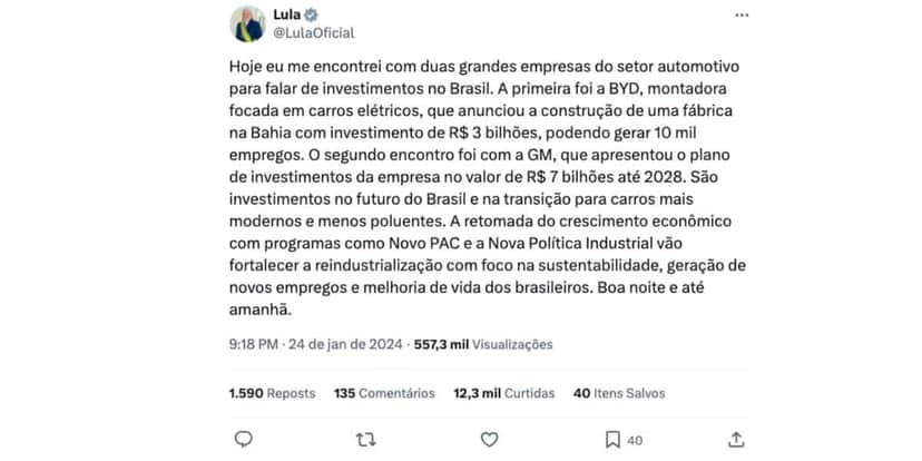 Comunicado de Lula (Foto: Reprodução / Twitter) Comunicado de Lula (Foto: Reprodução / Twitter)