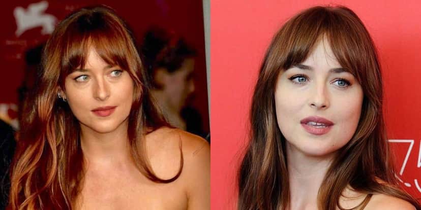 Dakota Johnson usa a cor do cabelo mogno (Reprodução: Montagem TV Foco) Dakota Johnson usa a cor do cabelo mogno (Reprodução: Montagem TV Foco)