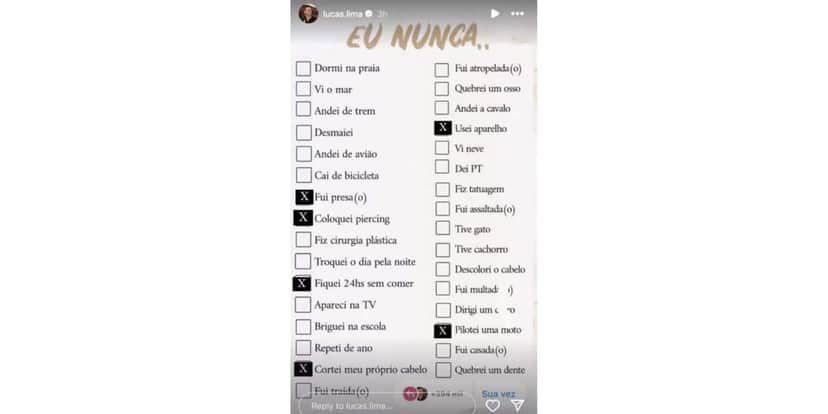 Eu nunca de Lucas Lima (Foto: Reprodução / Instagram) Eu nunca de Lucas Lima (Foto: Reprodução / Instagram)