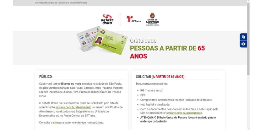 Portal do Bilhete Único Especial do Idoso. (Foto: Reprodução / SPTrans) Portal do Bilhete Único Especial do Idoso. (Foto: Reprodução / SPTrans)