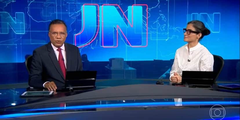 Heraldo Pereira e Renata Vasconcellos no comando do Jornal Nacional (Reprodução: Globo) Heraldo Pereira e Renata Vasconcellos no comando do Jornal Nacional (Reprodução: Globo)