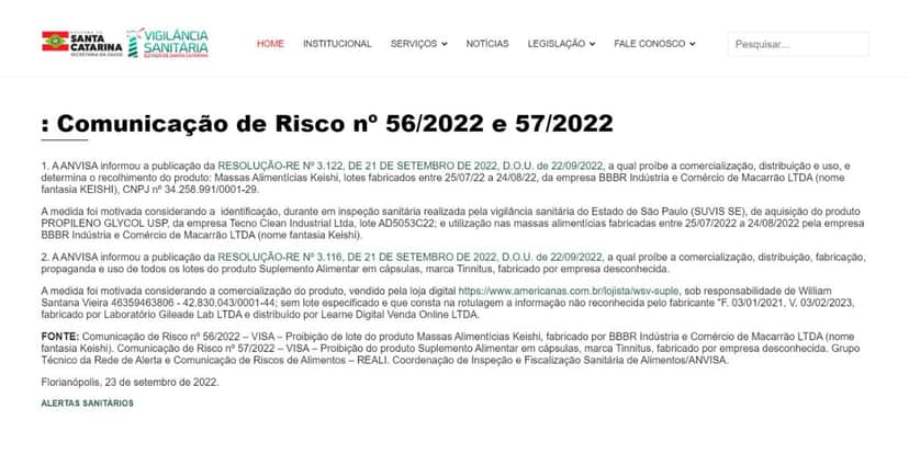 Comunicado oficial da Anvisa (Foto Reprodução/Prefeitura de Santa Catarina) Comunicado oficial da Anvisa (Foto Reprodução/Prefeitura de Santa Catarina)